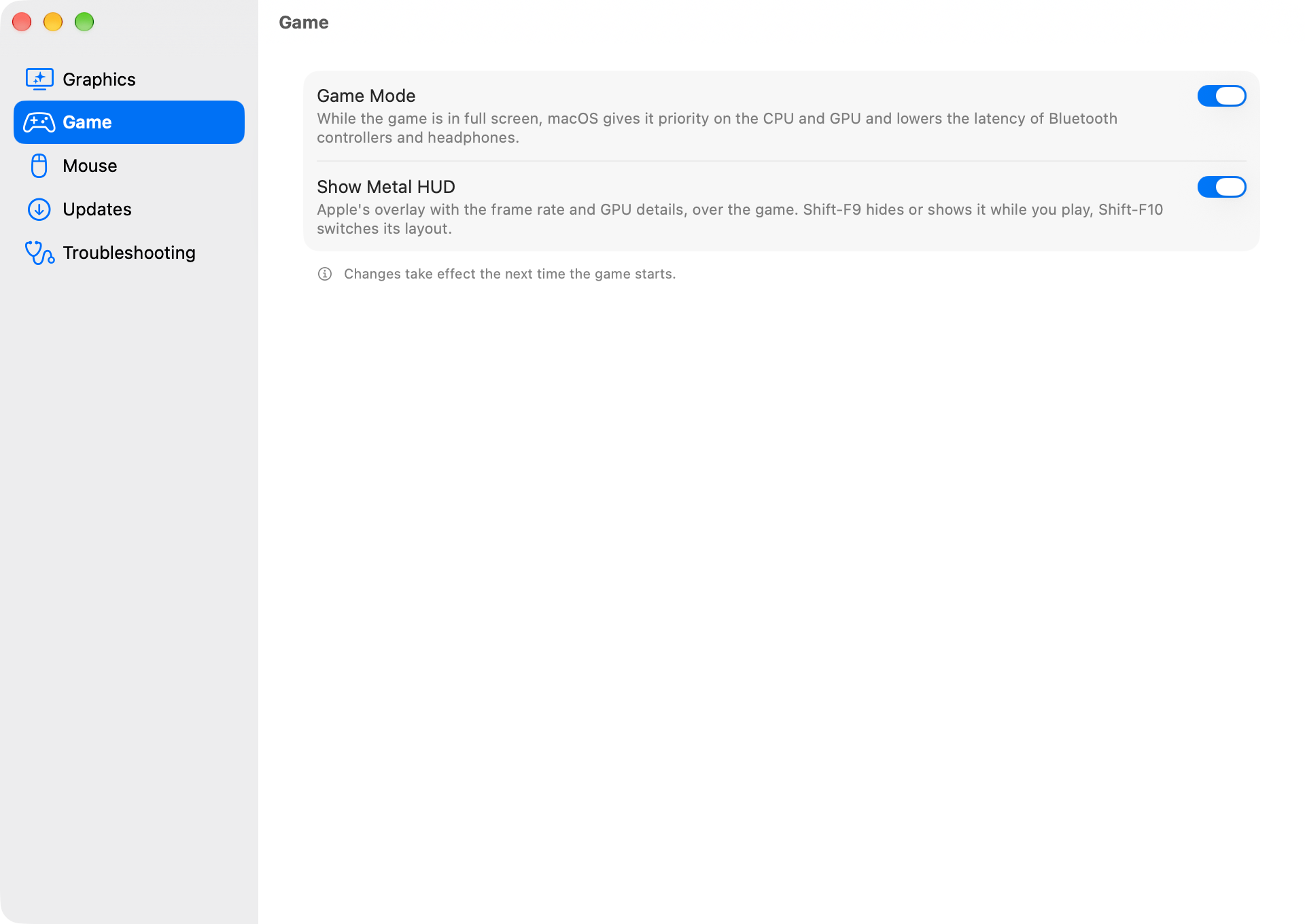 The SWGL on Mac Settings window, on the Game page