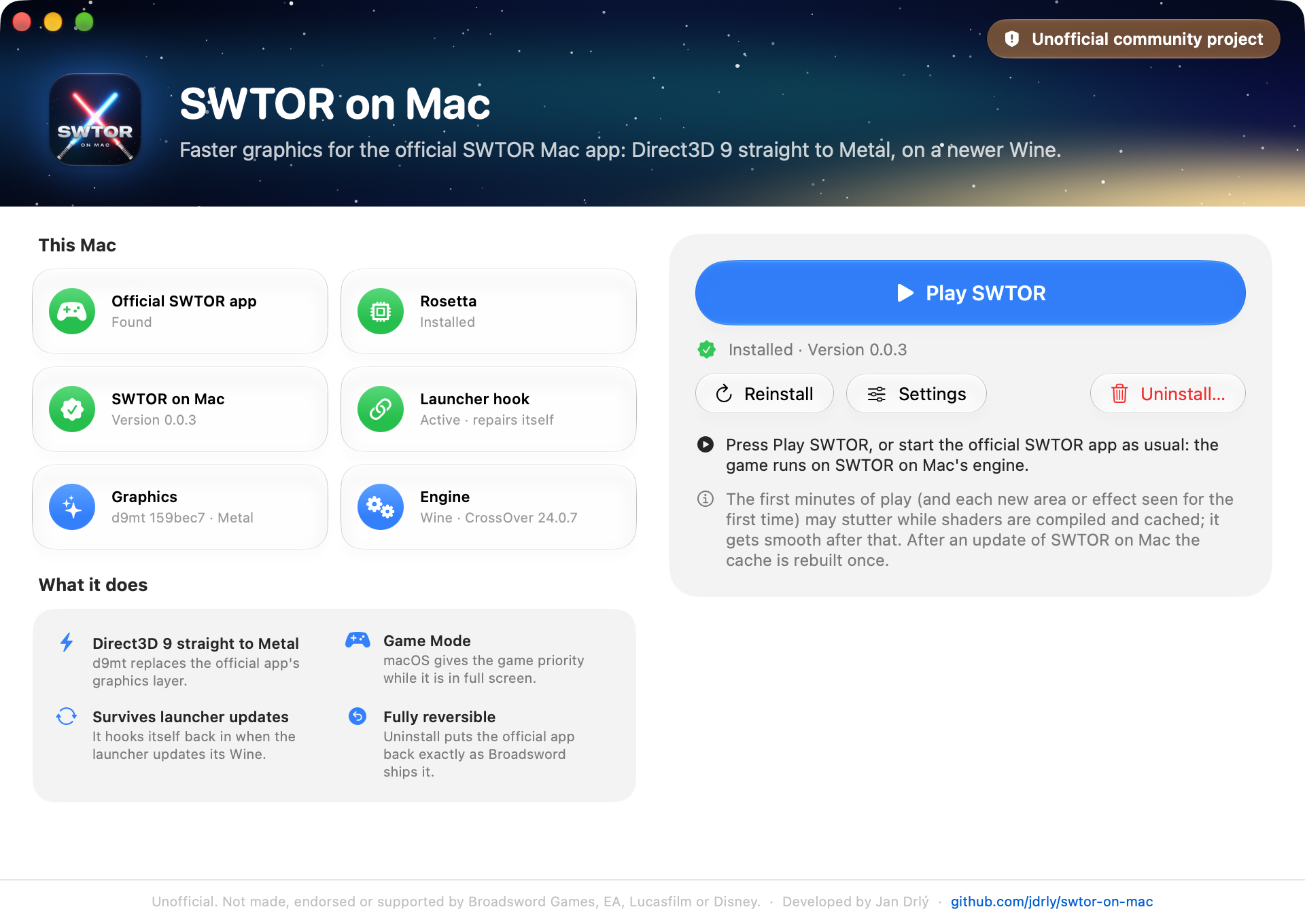 The SWTOR on Mac window after an install, with the Play SWTOR button